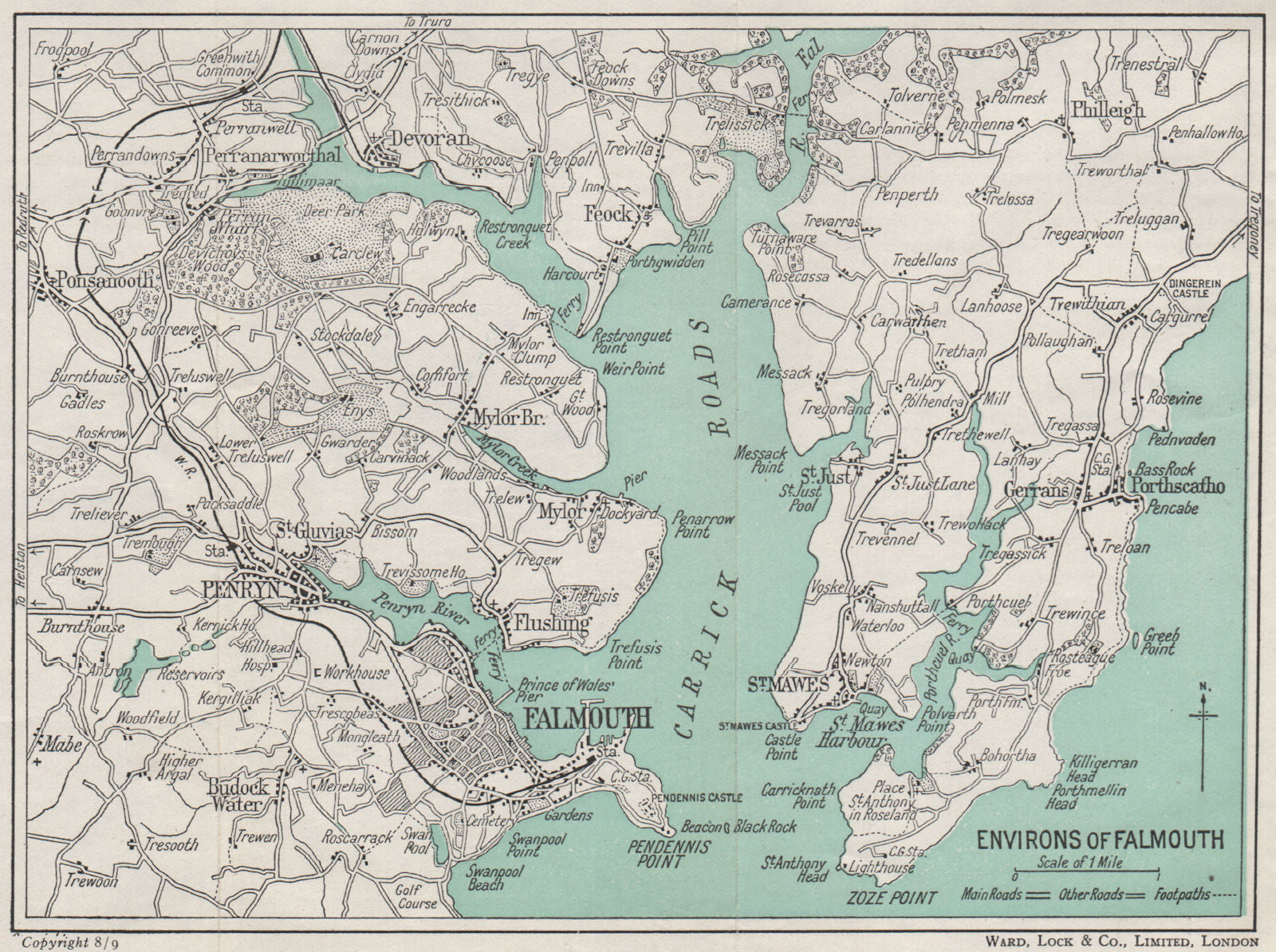FALMOUTH environs. Carrick Roads Penryn St Mawes Cornwall. WARD LOCK 1948 map